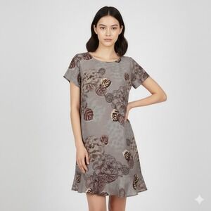 GARNET HILL 4 Olivia Silk Shift Dress Floral on Gray Short Sleeve Ruffle Hem Hem